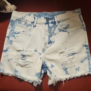 Tie-Dye Distressed Denim Shorts - Blue/White